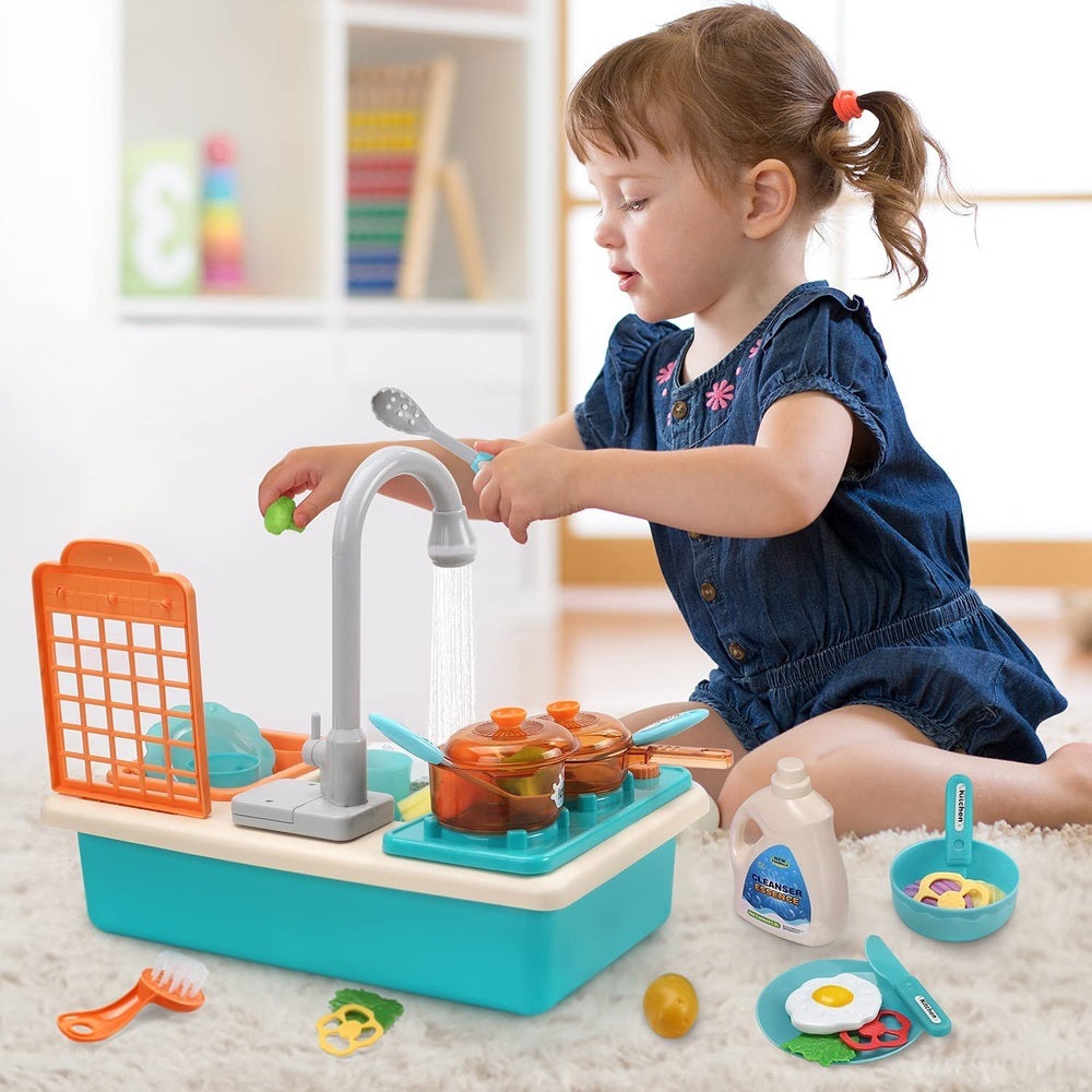 Cute Stone Kids Kitchen Sink Toy Playset with turquoise base, orange rack, and orange pot set