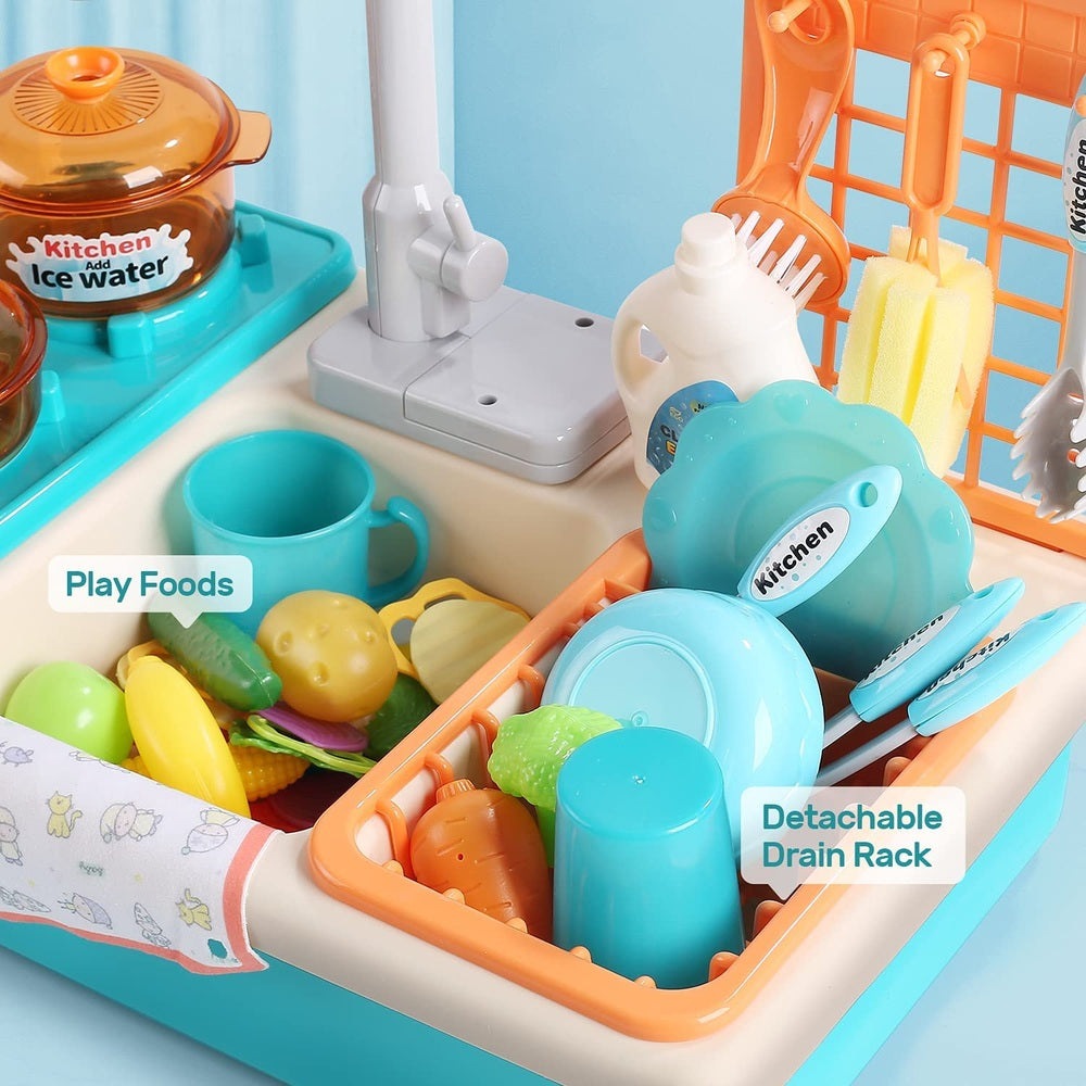 Cute Stone Kids Kitchen Sink Toy Playset with teal sink, orange rack, and colorful dishware