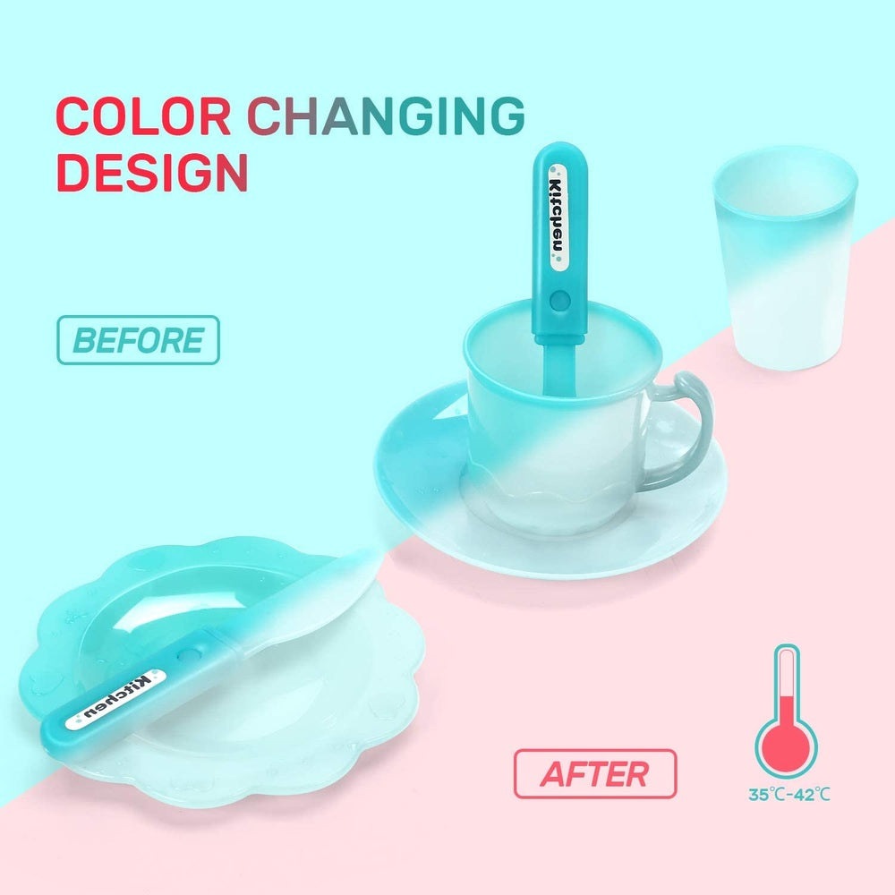 Cute Stone 4-piece kids kitchen sink playset with color-changing blue utensil, cup and plate by Cute Stone