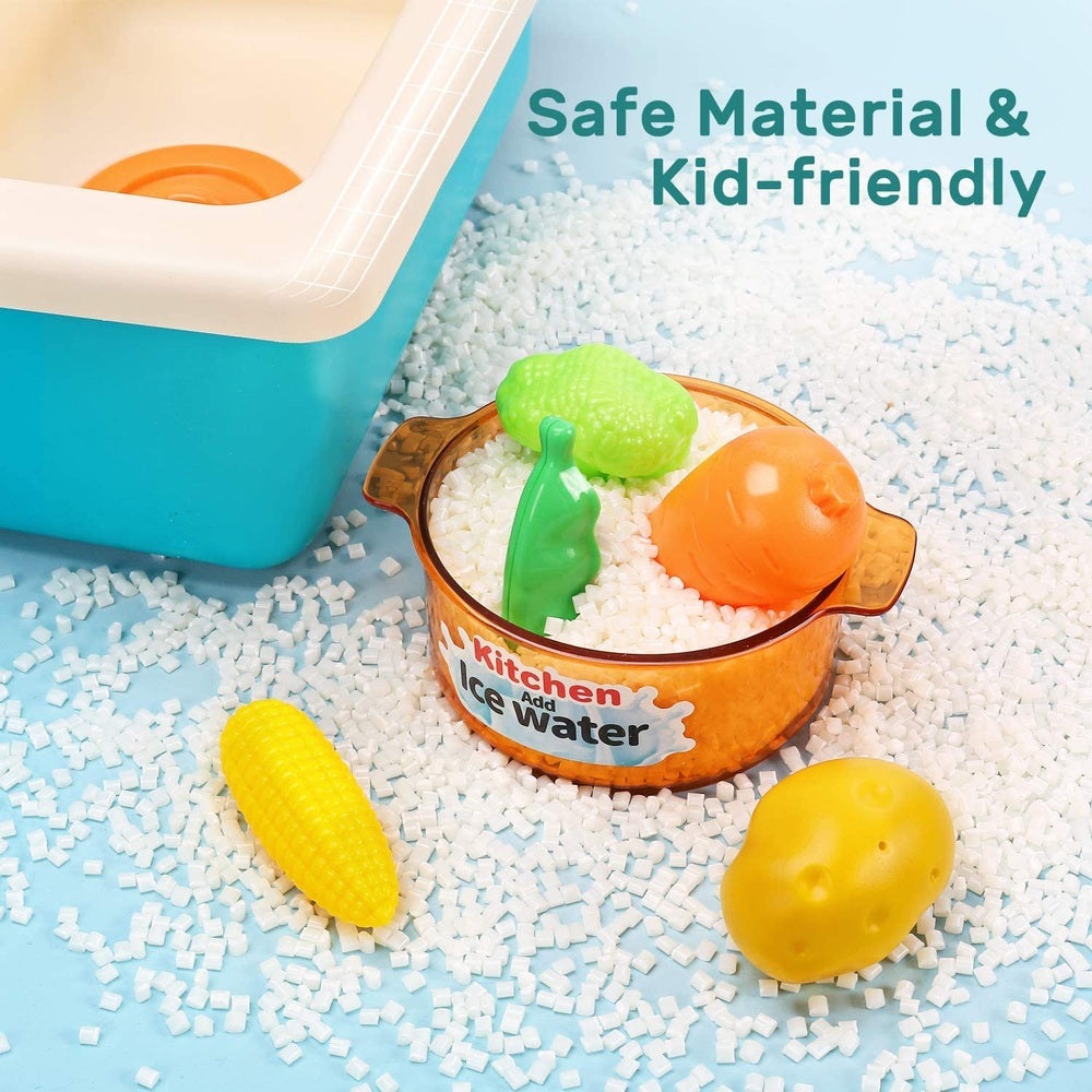 Cute Stone Kids Kitchen Sink Toy Playset with orange pot, green bottle, yellow corn and potato in a blue tub