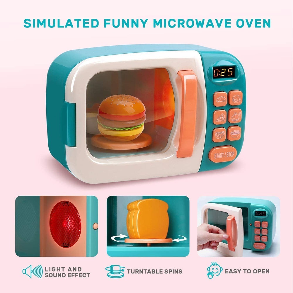 Cute Stone microwave playset, teal body with orange handle and burger inside, toy for kids