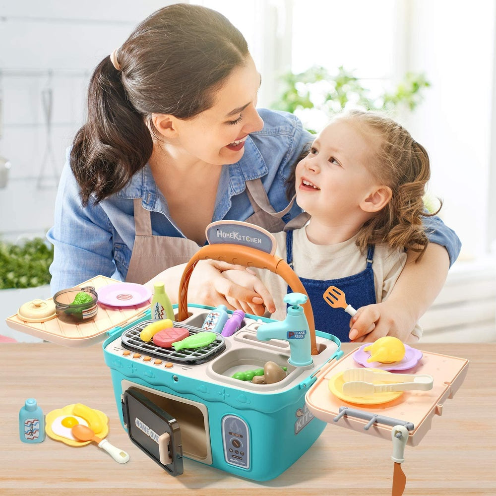 Cute Stone Kids Picnic & Kitchen Playset Blue stove with utensils and accessories for pretend cooking and picnics