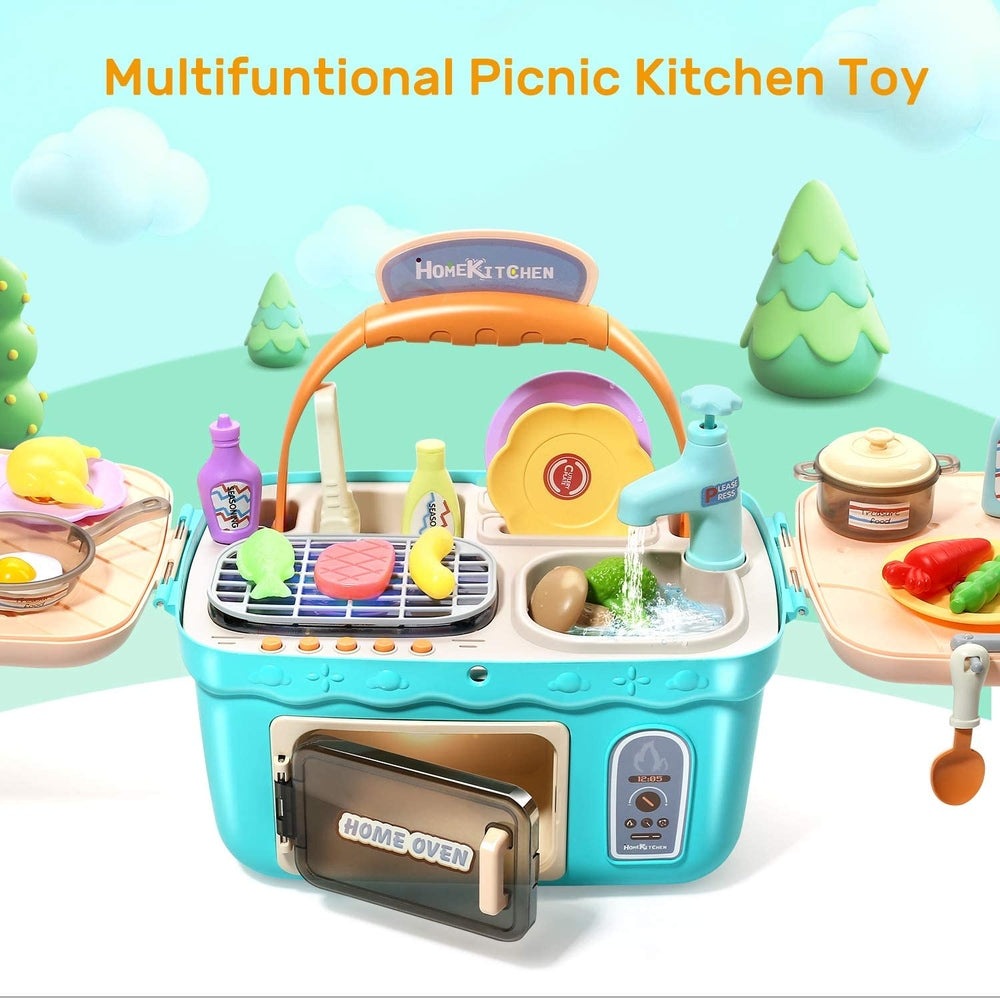 Cute Stone Kids Picnic & Kitchen Playset Blue with stove, sink, faucet, and colorful accessories