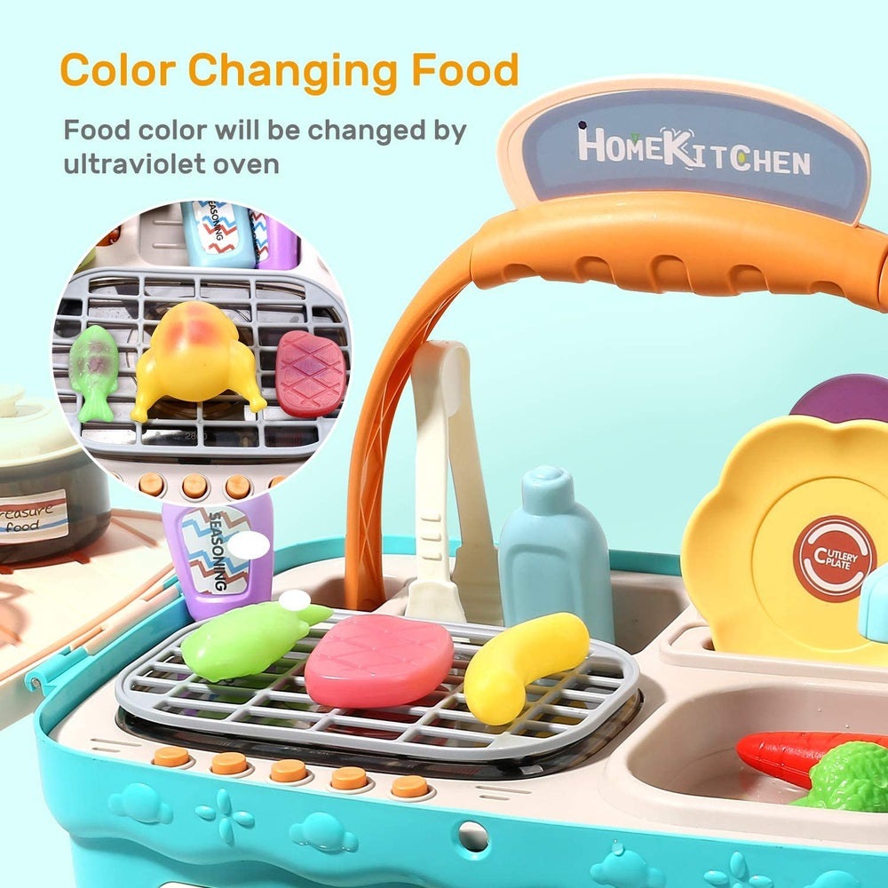 Cute Stone Kids Picnic and Kitchen Playset in blue with colorful pretend food and utensils