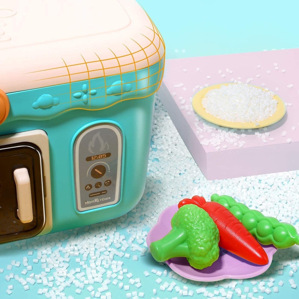 Cute Stone Kids Picnic & Kitchen Playset Blue: teal mini oven with pastel accents and plastic vegetables