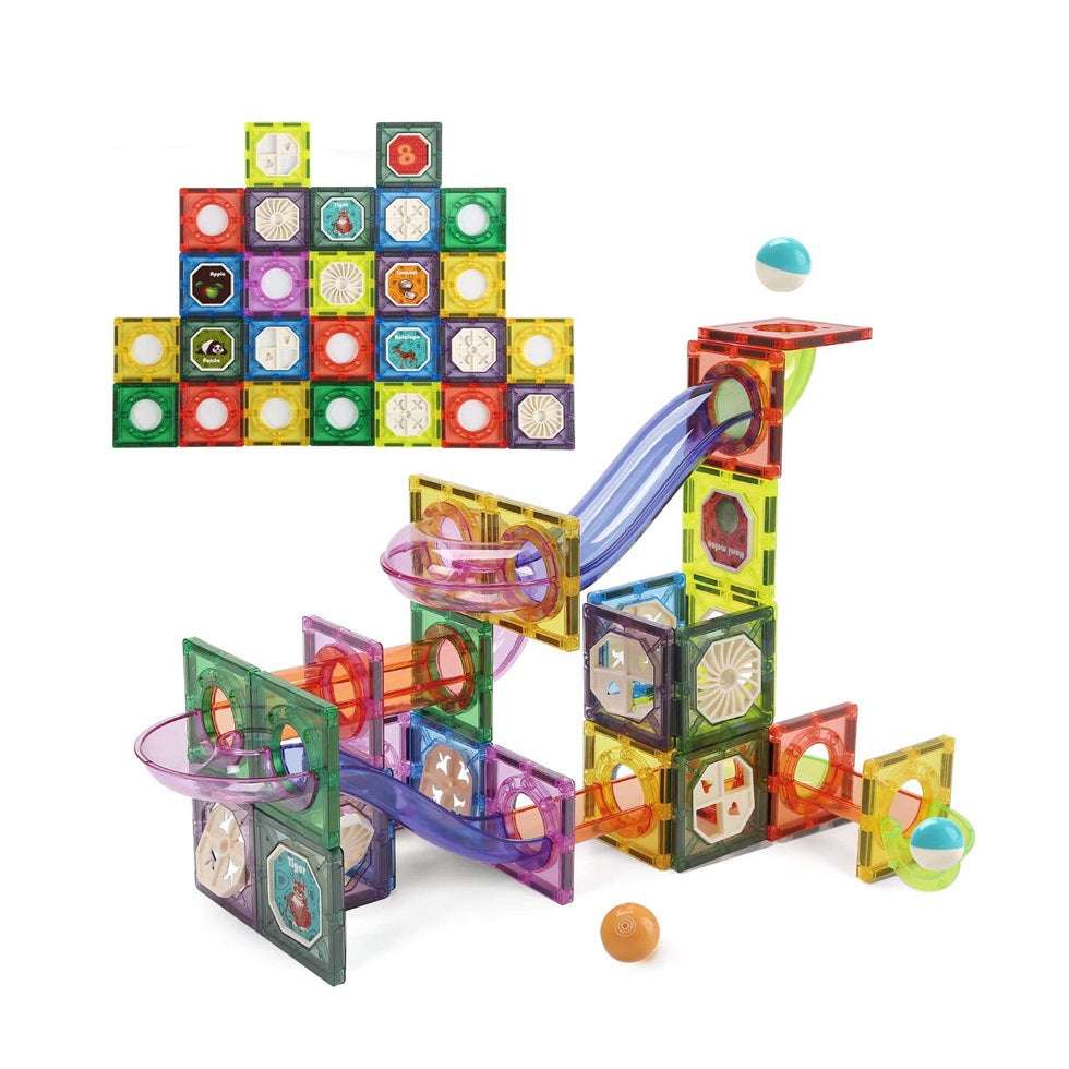 Cute Stone 85-piece magnetic tiles building toy set with colorful translucent blocks and marble maze track
