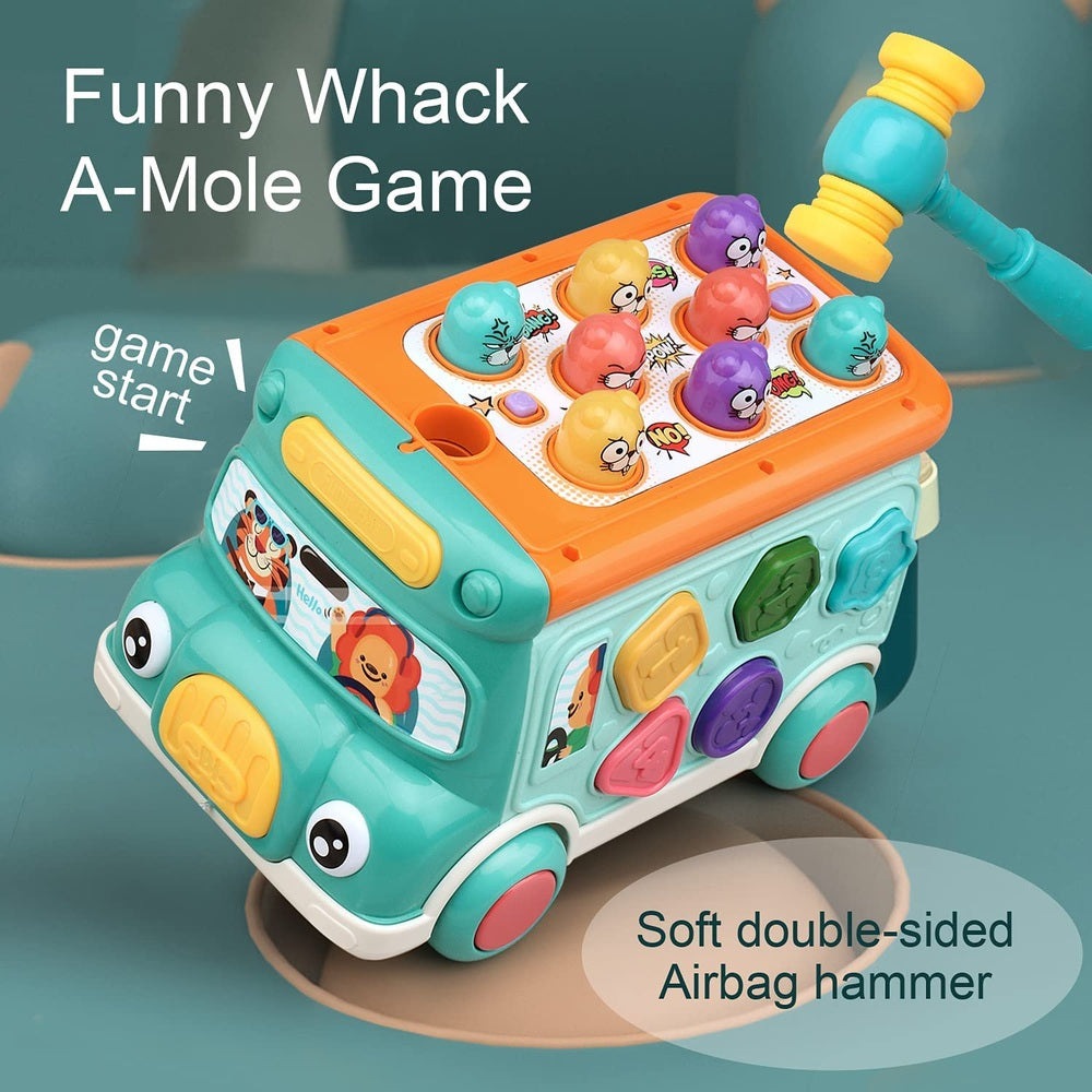 Cute Stone multifunctional bus toy, teal and orange body with colorful pegs and hammer for toddlers