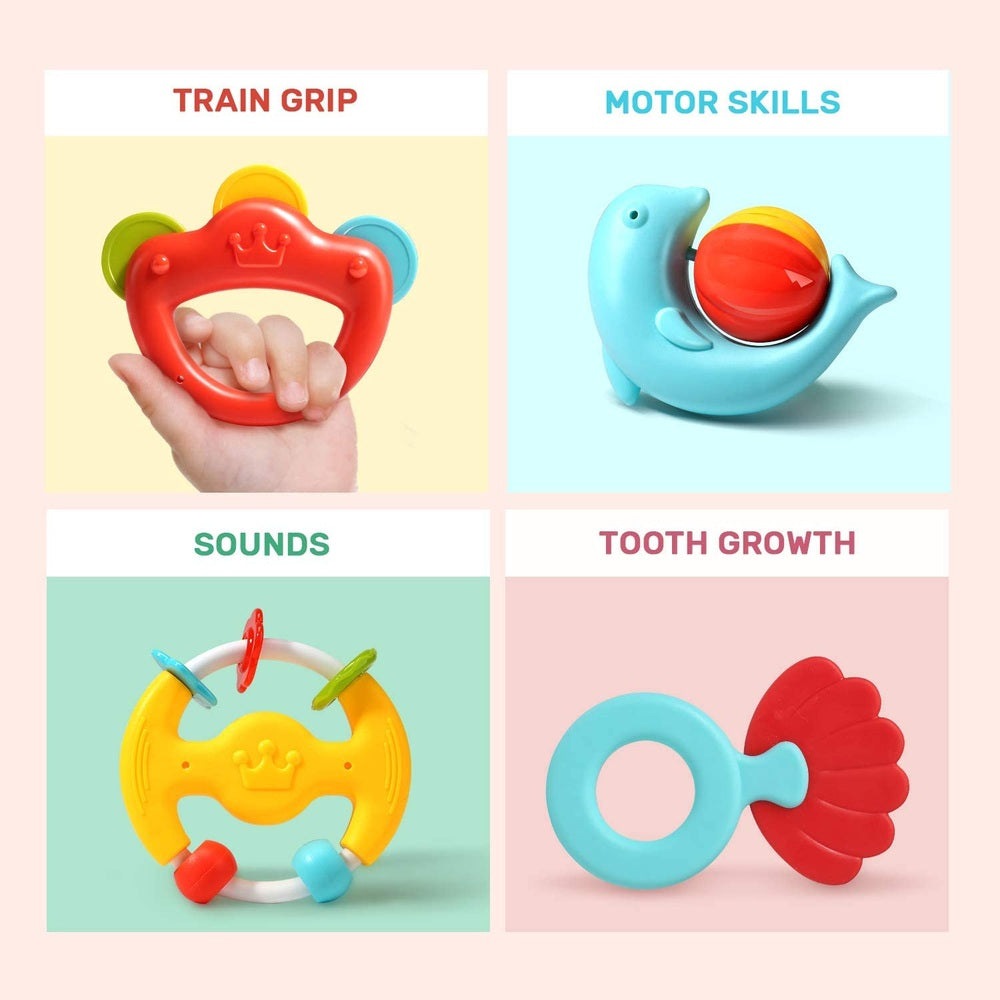 Cute Stone 4-piece baby rattle and teether set in bright colors by CUTE STONE