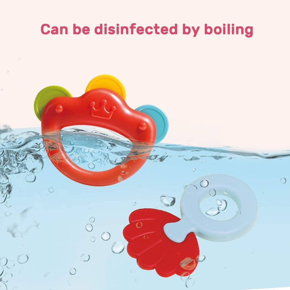 Cute Stone rattle and teether set; red crown-ring with multicolor discs and blue-white ring teether