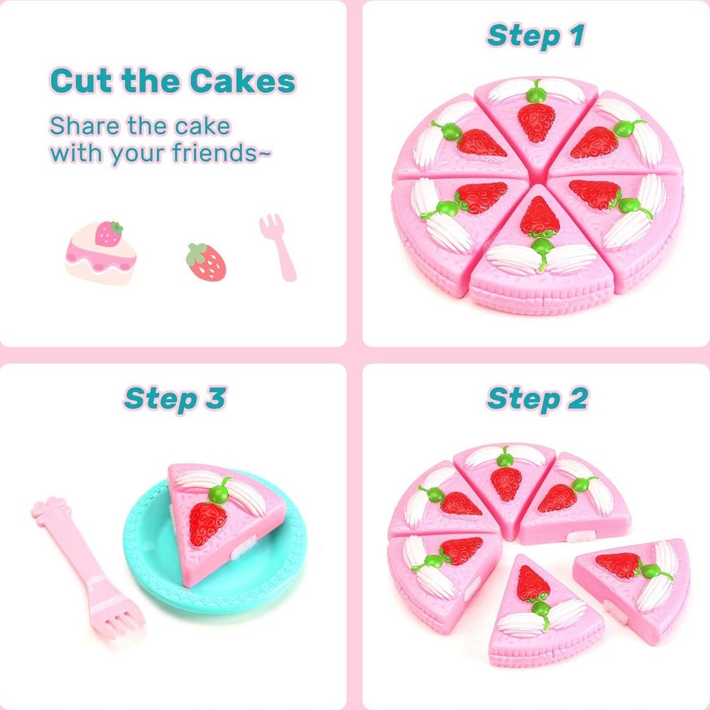 Cute Stone Tea Party pretend play set with 8 pink strawberry cake slices on a turquoise plate and fork