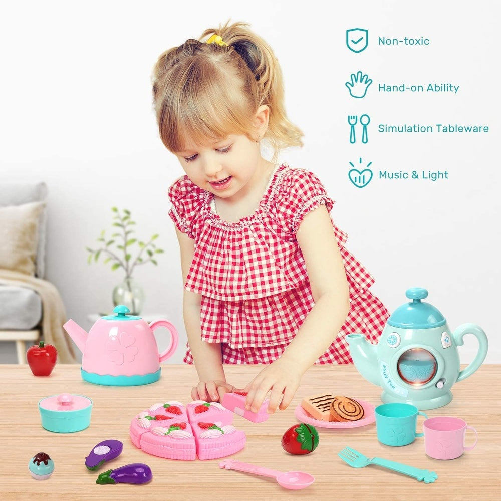 Cute Stone Tea Party Pretend Play Set for kids; pink teapot, turquoise cups and plates with pretend snacks by CUTE STONE