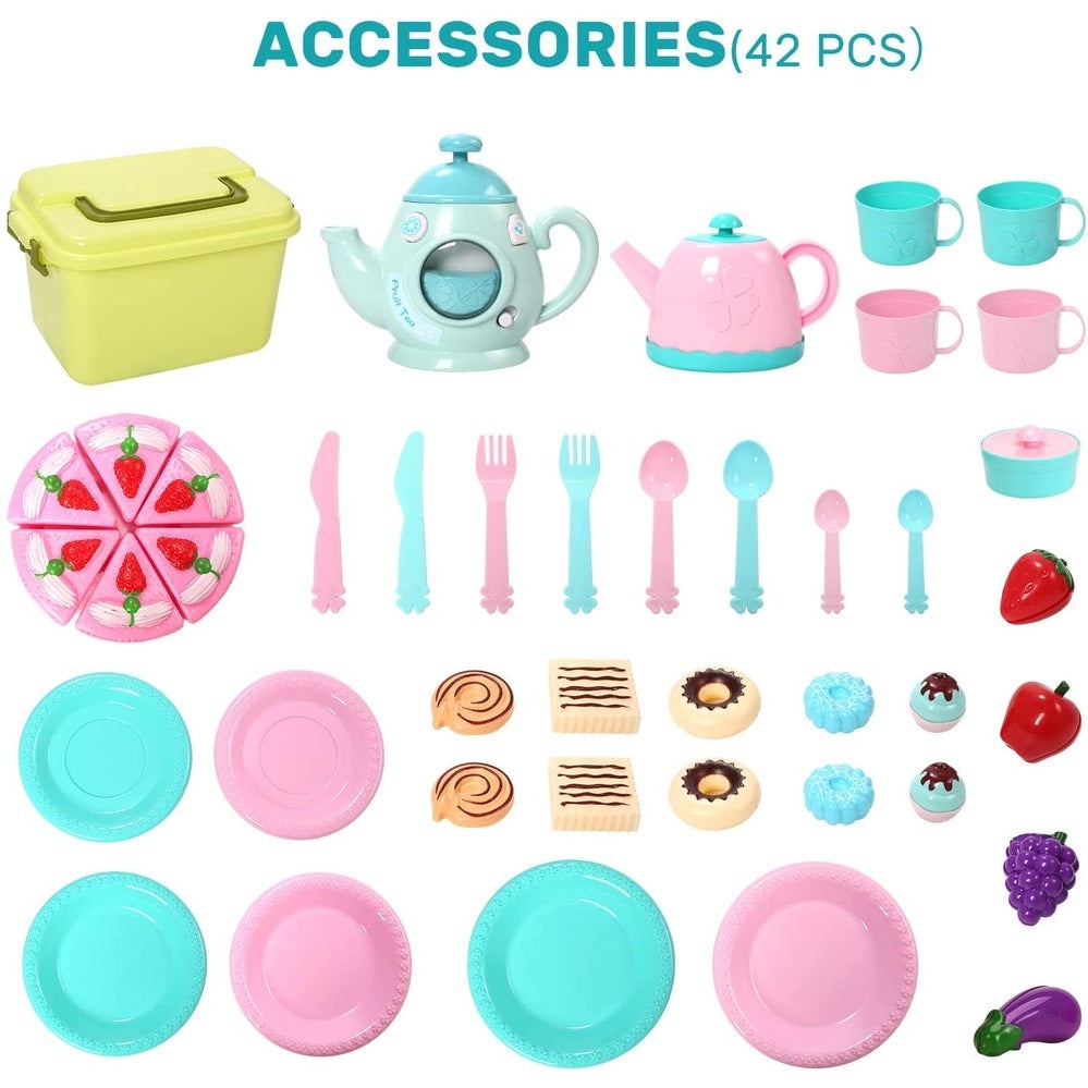 Cute Stone Tea Party set with pastel pink and turquoise dishes, cups, utensils, teapot, and pastries (42 pieces)