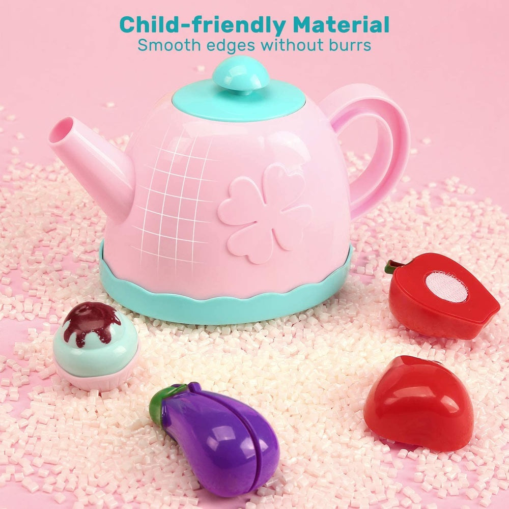 Cute Stone tea party set teapot with pink body, mint lid, teal base; includes 4 colorful pretend fruits.