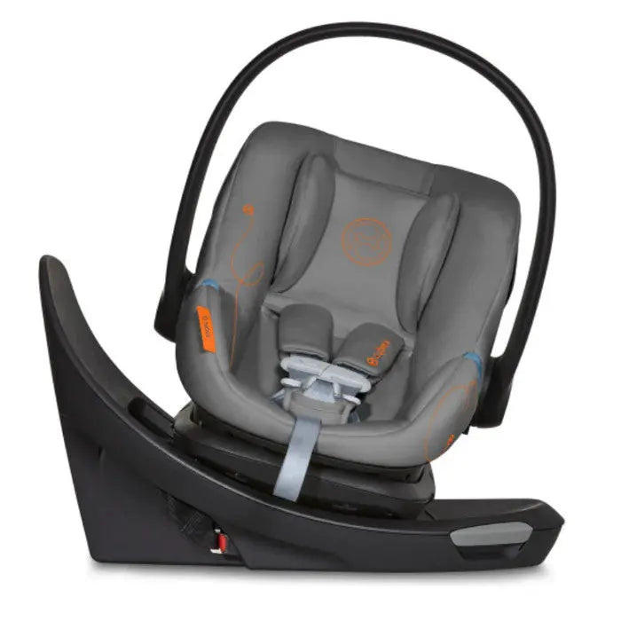 Cybex Aton G infant car seat with swiveling base in gray, Sensorsafe enabled, secure harness.