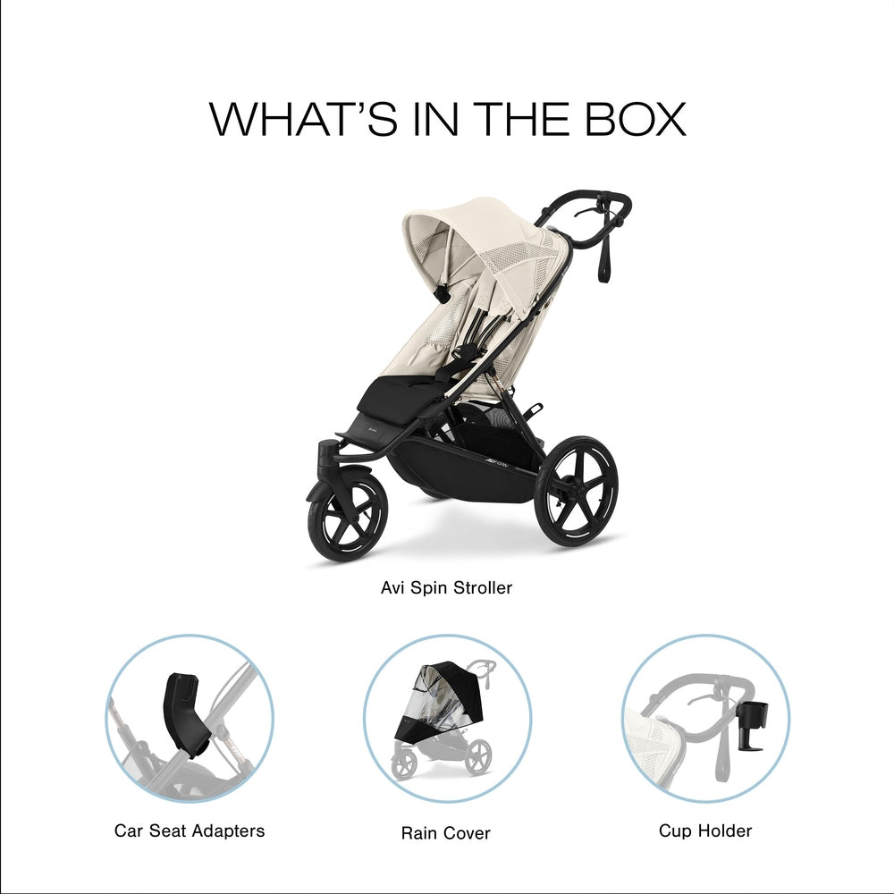 Cybex Avi Spin All Terrain Stroller in beige with black frame; rain cover, cup holder, and car seat adapters displayed beside it.