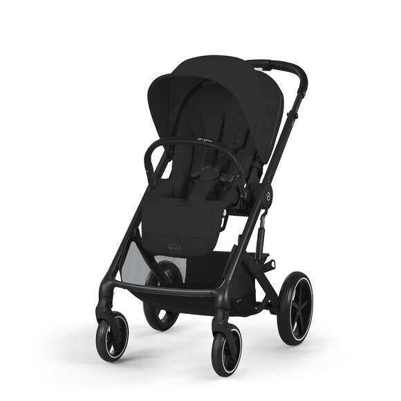 Black Cybex Balios S Lux four-wheel stroller with canopy, black seat fabric and aluminum frame.