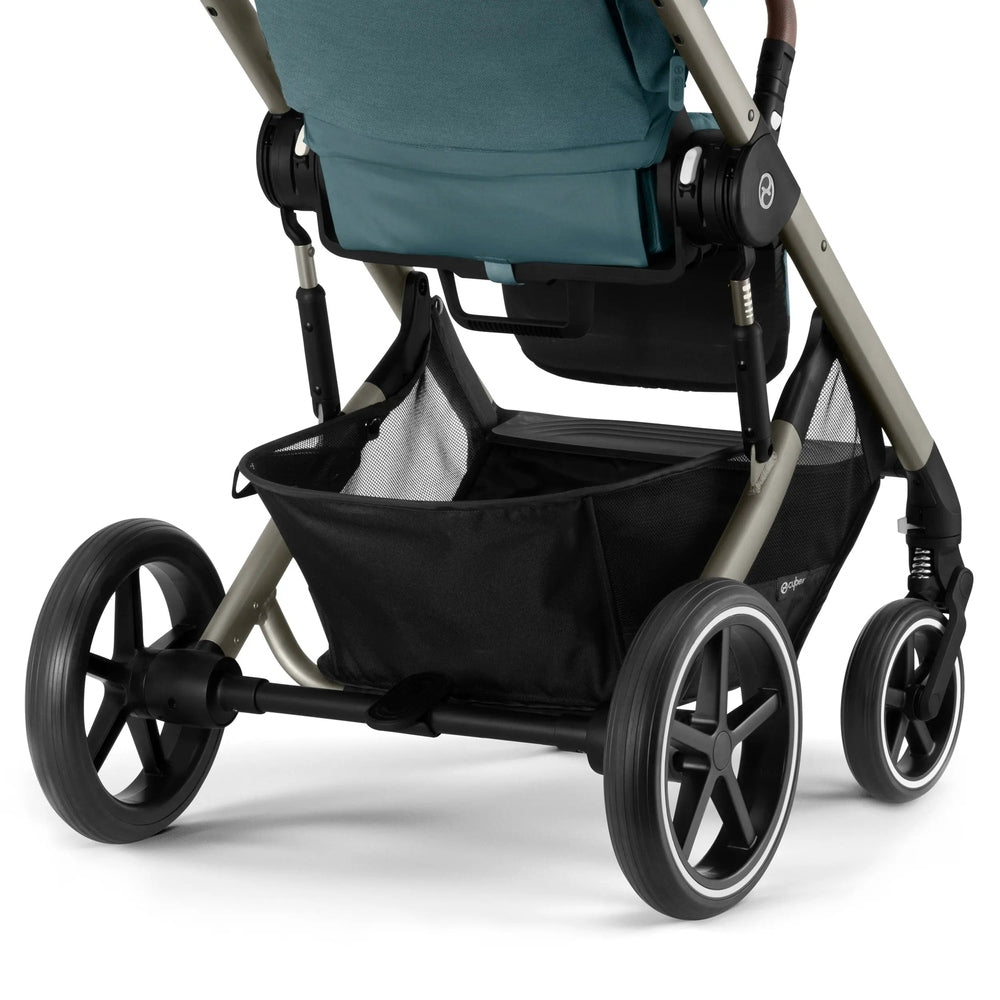 Cybex Balios S Lux Stroller in teal seat with under-seat storage basket and large wheels for smooth outings.