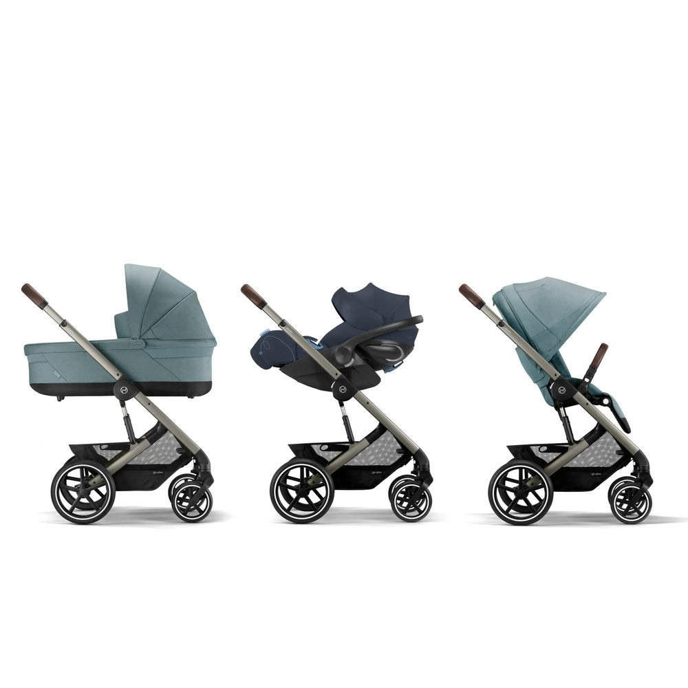 CYBEX Balios S Lux stroller in teal blue, shown in bassinet, car seat, and seated configurations with large wheels.