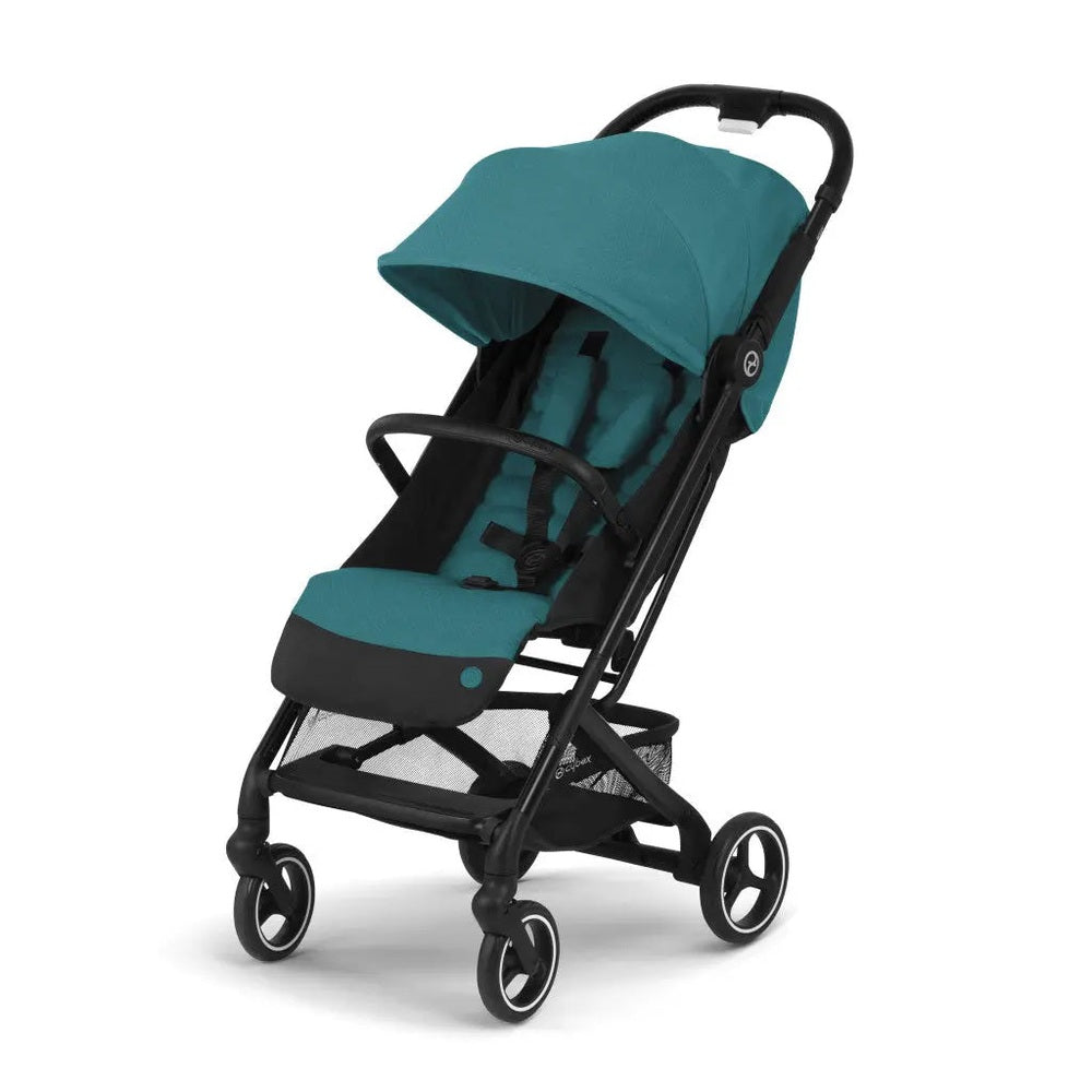 CYBEX Beezy Stroller in teal with black frame and extended canopy, showing a secured 5-point harness.