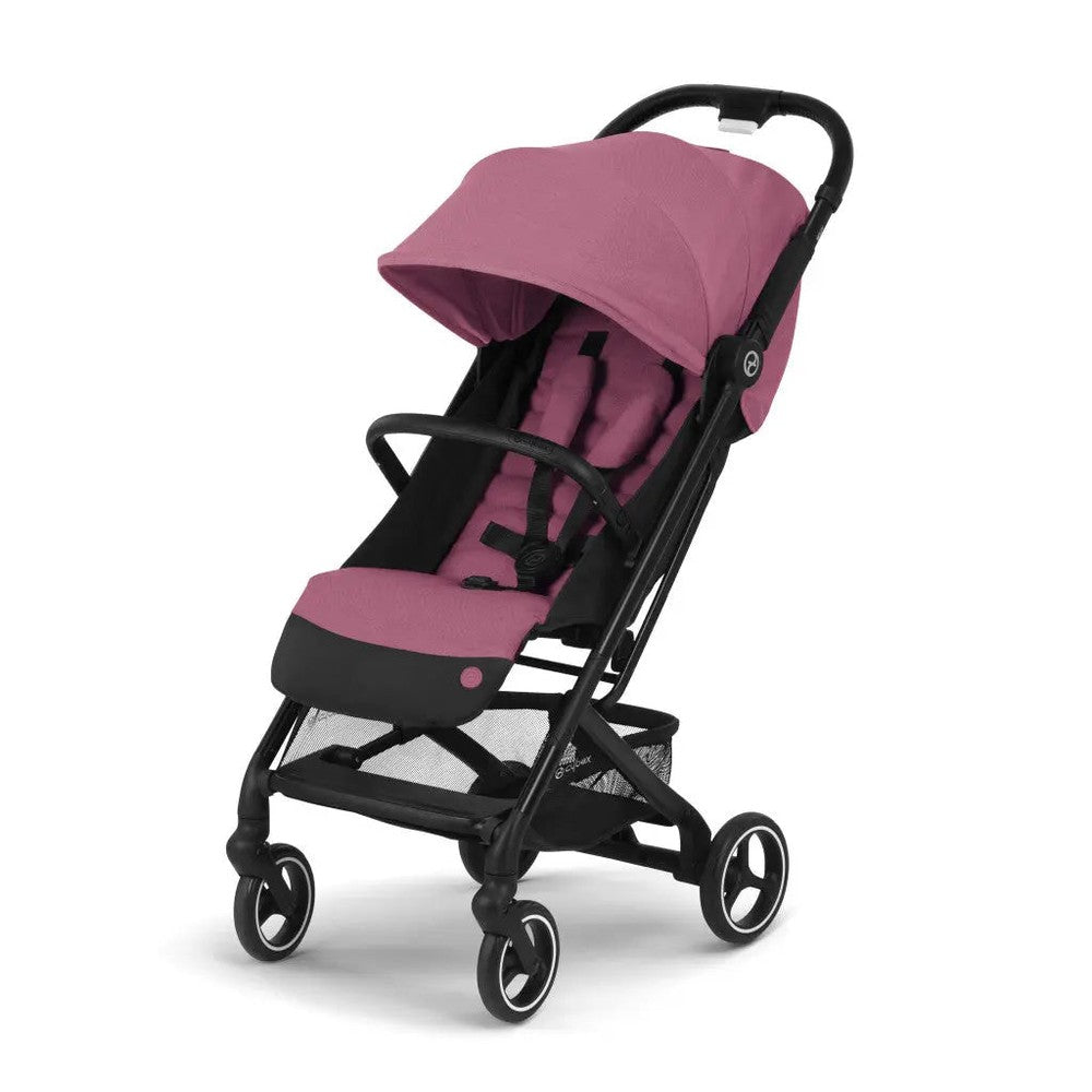 Cybex Beezy Stroller in pink with black frame; sun canopy extended, showing lightweight, maneuverable design.