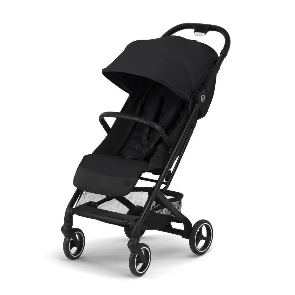 CYBEX Beezy Stroller, black with canopy and mesh basket, four-wheel frame ready for easy city strolls.