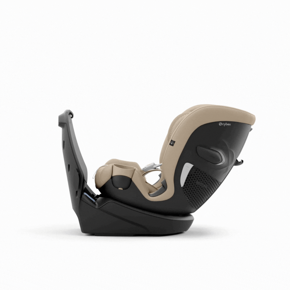 Cybex Callisto G 360 rotating all-in-one convertible car seat in beige with black base and padded beige cover.