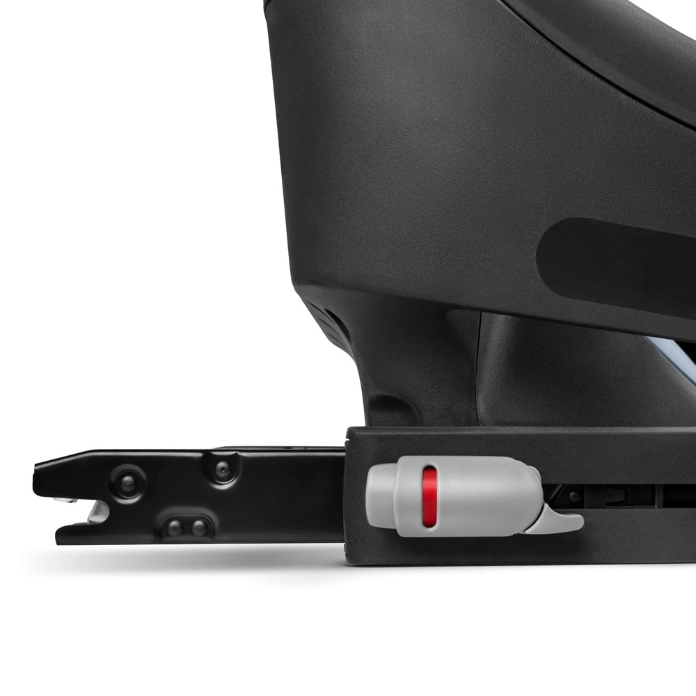 Cybex Cloud G Lux Reclining Infant Car Seat base in black with a red locking latch secured to the track.