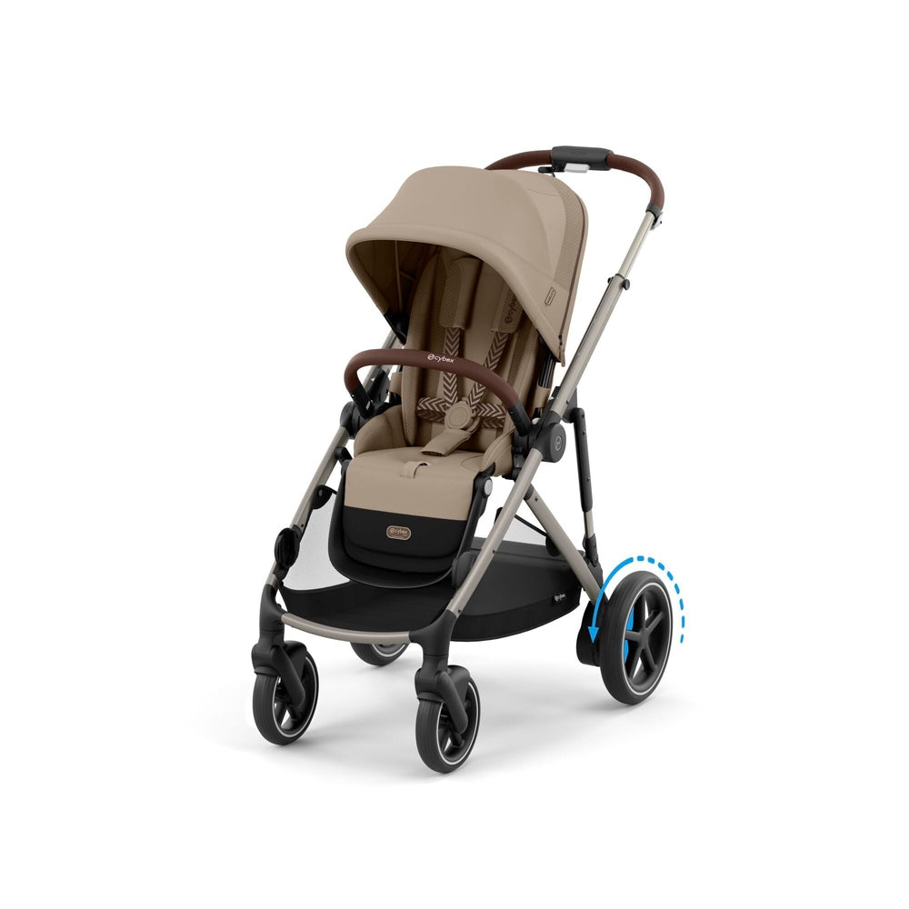 CYBEX E-Gazelle S stroller in beige with brown accents; rear wheel rotates for smooth all-terrain travel.