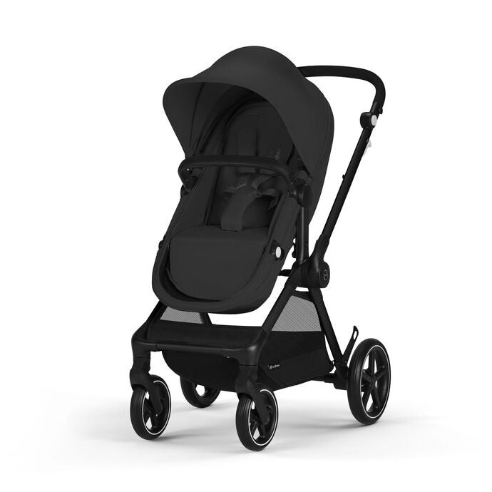 Cybex Eos 5-in-1 travel system stroller in Moon Black with black frame and canopy