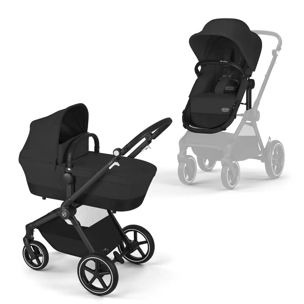 CYBEX EOS Lux 2-in-1 Stroller in black with bassinet attached to a sleek frame and large wheels.