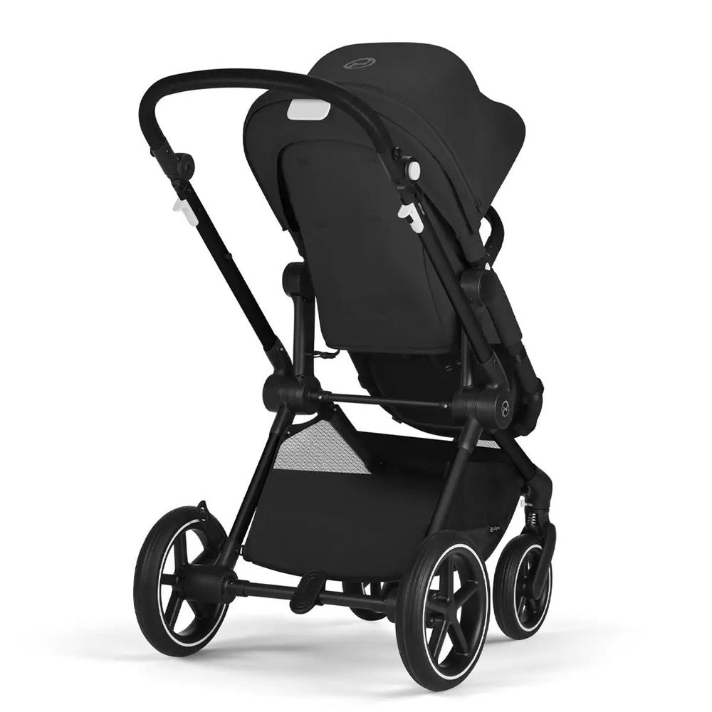 CYBEX EOS Lux 2-in-1 Stroller in black with large canopy over a reclining seat on a sturdy four-wheel chassis.
