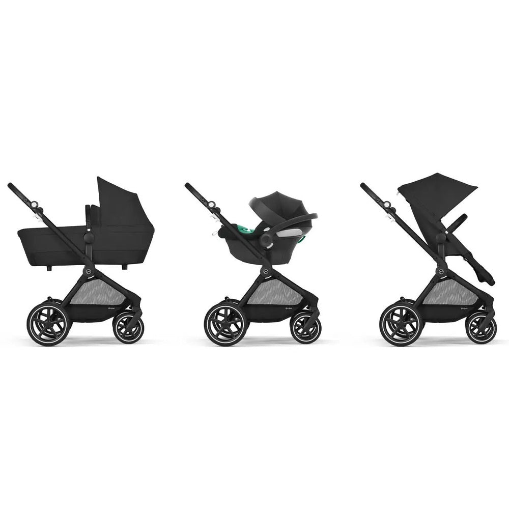 Cybex EOS Lux 2-in-1 Stroller in black, demonstrating bassinet, infant seat, and toddler seat setups.