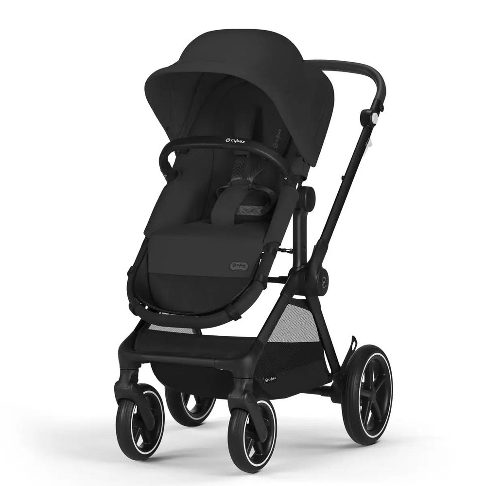 Cybex EOS Lux 2-in-1 Stroller in black with extended canopy and large wheels.