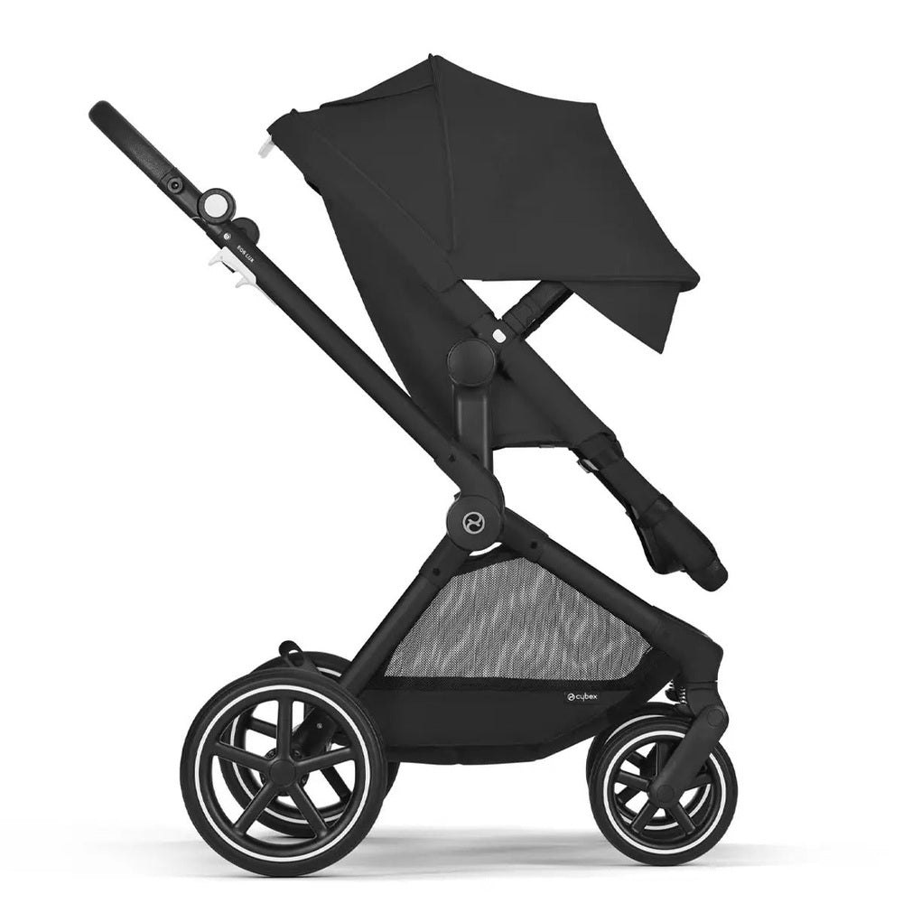Cybex EOS Lux 2-in-1 Stroller in black, with extended canopy and adjustable handle, showcasing robust wheels