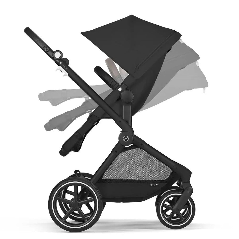CYBEX EOS Lux 2-in-1 Stroller in black with adjustable canopy and reclining seat shown in multiple positions.
