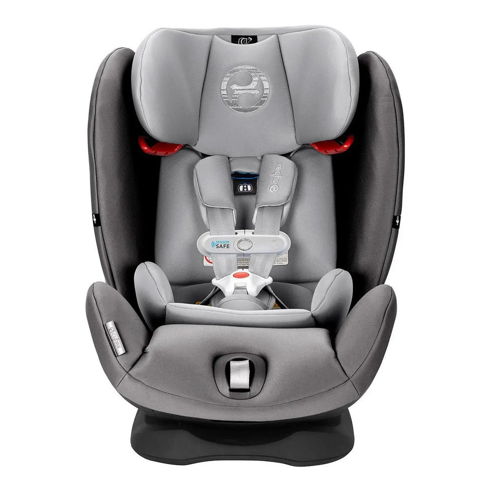 CYBEX Eternis S SensorSafe Convertible Car Seat in gray with padded headrest and five-point harness securely clipped.