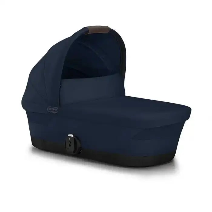CYBEX Gazelle S V2 Cot navy bassinet attached to stroller with canopy for smooth infant transport.