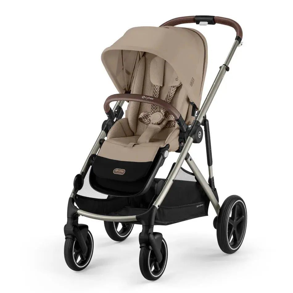 CYBEX Gazelle S V2 Stroller in beige with brown handlebar, showcasing sturdy frame and large wheels.
