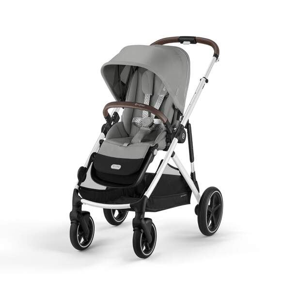 Grey Cybex Gazelle S V2 stroller with white frame, brown leather handle, grey seat and canopy, black wheels.