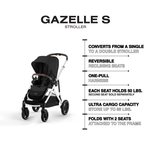 CYBEX Gazelle S V2 stroller in black with brown leatherette handles, folds with 2 seats attached for ultracargo capacity.