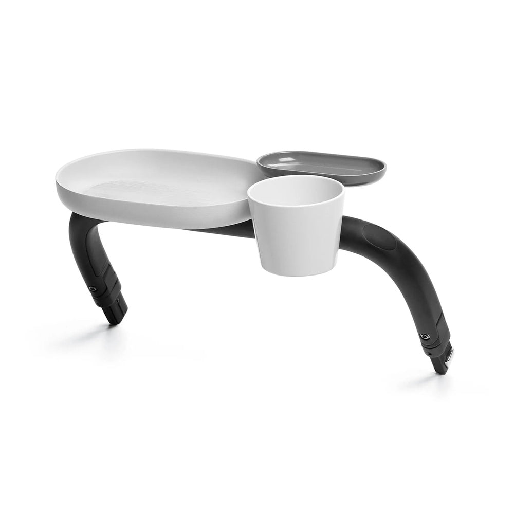 Cybex Gold stroller snack tray with white tray, cup holder and black mounting arms