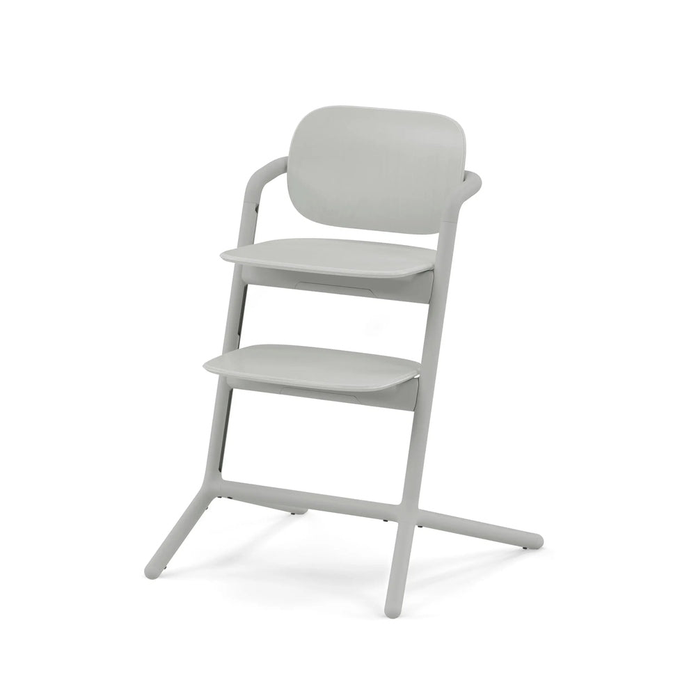 Cybex Lemo 2 high chair in light gray with dual removable trays, showcasing two level surfaces.