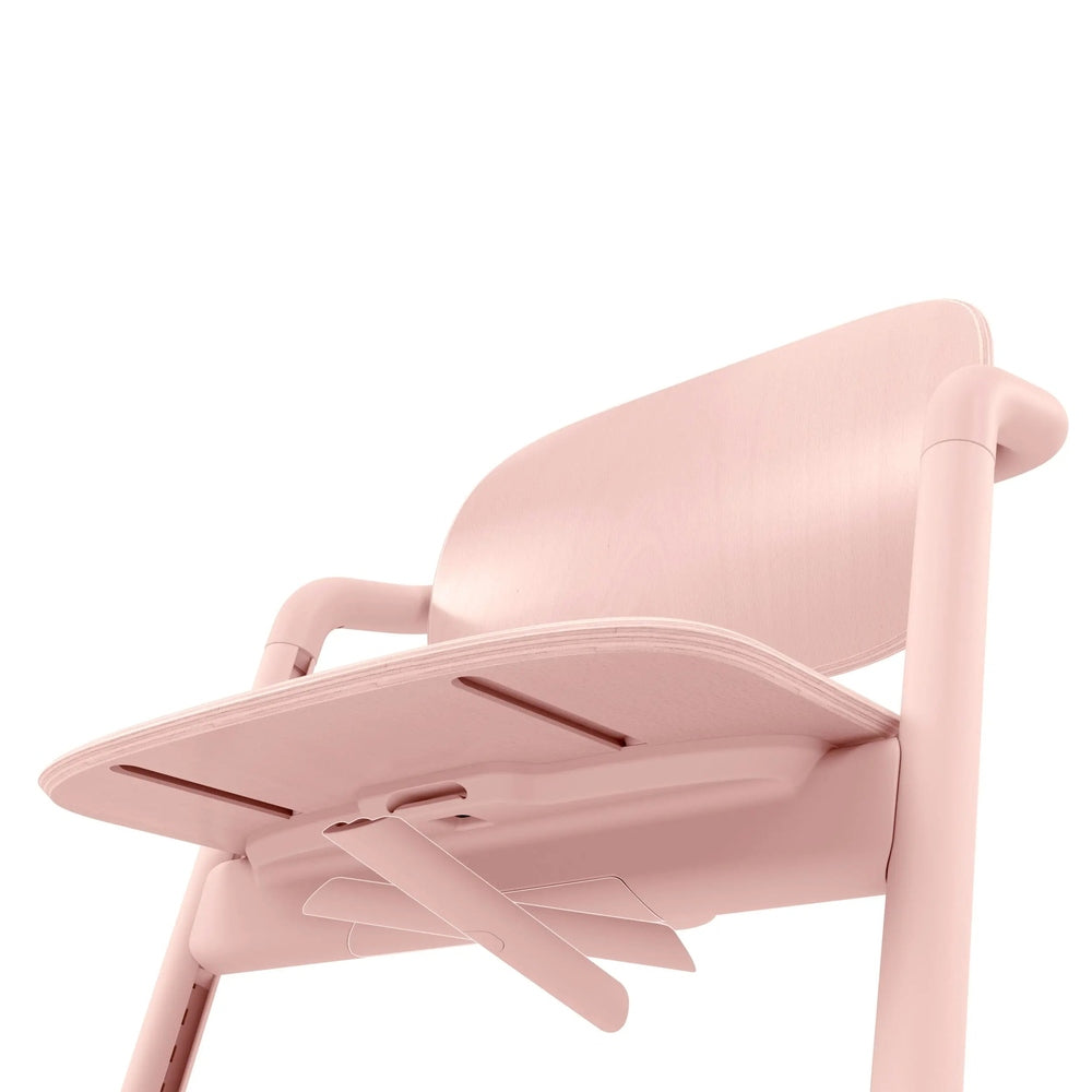 CYBEX LEMO 2 high chair in pink, showing an adjustable tray and fold-out footrest in use.