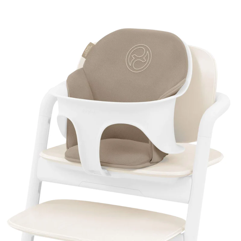 Taupe Cybex Lemo 2 Comfort inlay on white high chair, padded head and seat support.