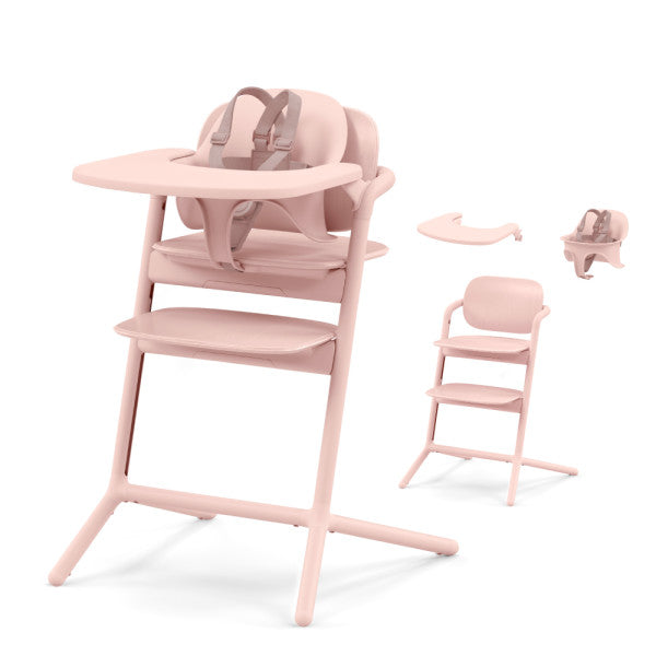 Feature graphic showing the Cybex Lemo 2 High Chair 3-In-1 Set in blush pink with adjustable harness and detachable tray, shown with compact folded parts.