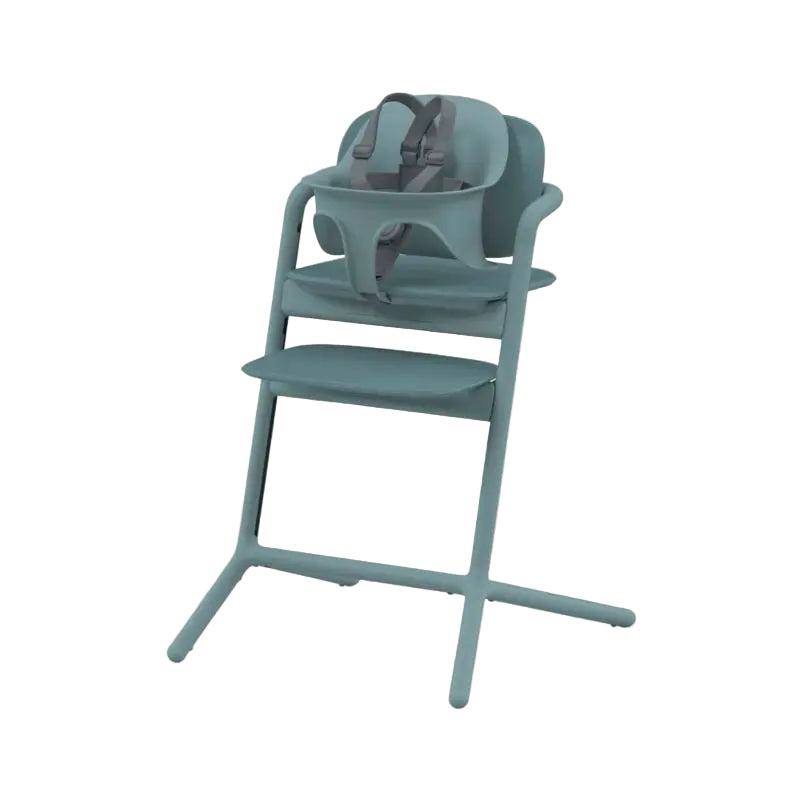 CYBEX Lemo 2 high chair 3-in-1 set in teal with buckled harness and attached tray.