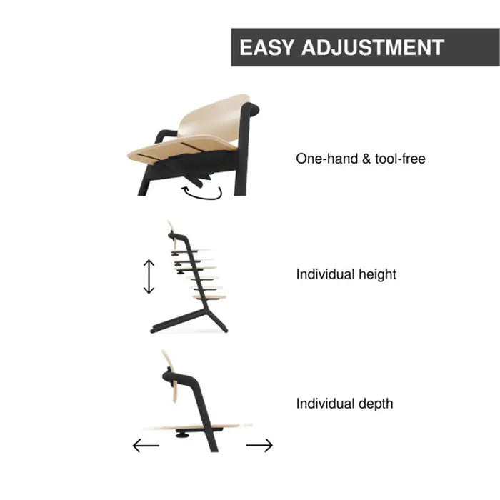 CYBEX Lemo 3-in-1 high chair with sand black finish and training tower, adjustable height and depth