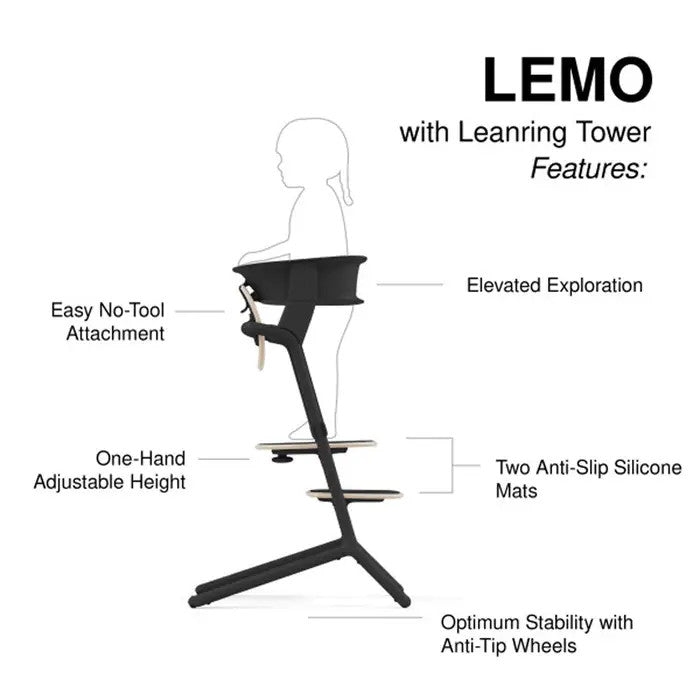 CYBEX Lemo 3-in-1 high chair and training tower set, sand black, with adjustable height and anti-slip mats