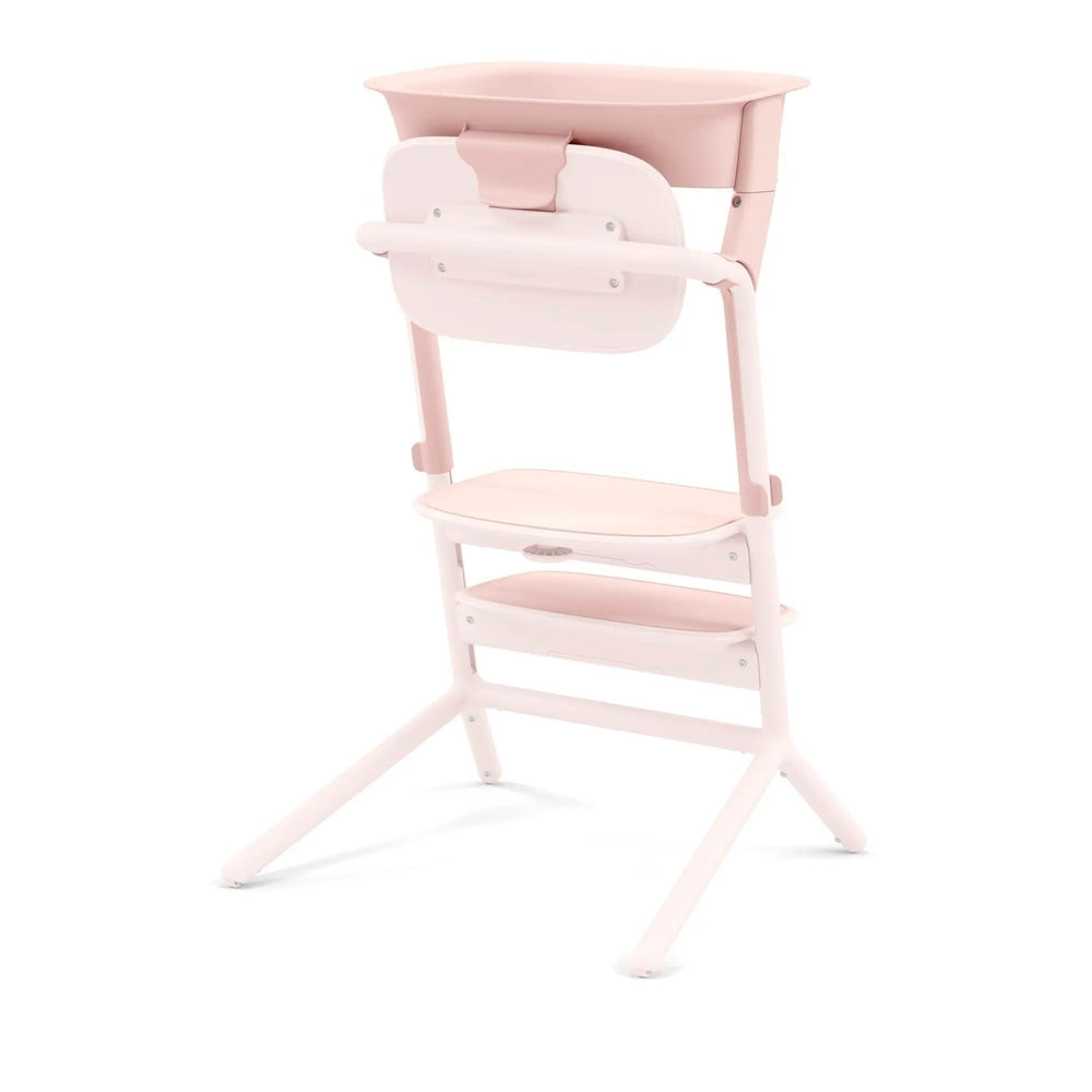 Cybex Lemo Training Tower pink high chair; adjustable tray raised for easy access with lower shelf visible.