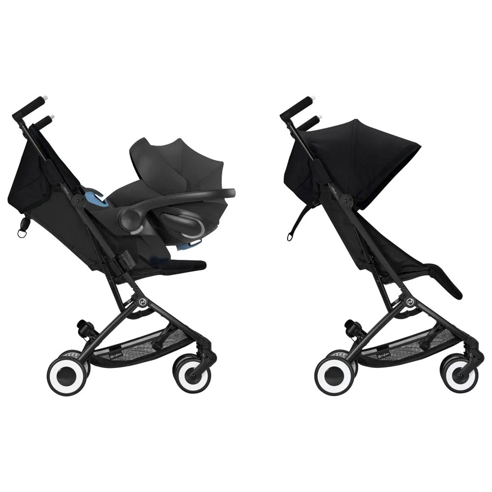 Cybex Libelle stroller with infant car seat attached, black fabric, adjustable recline and large canopy.